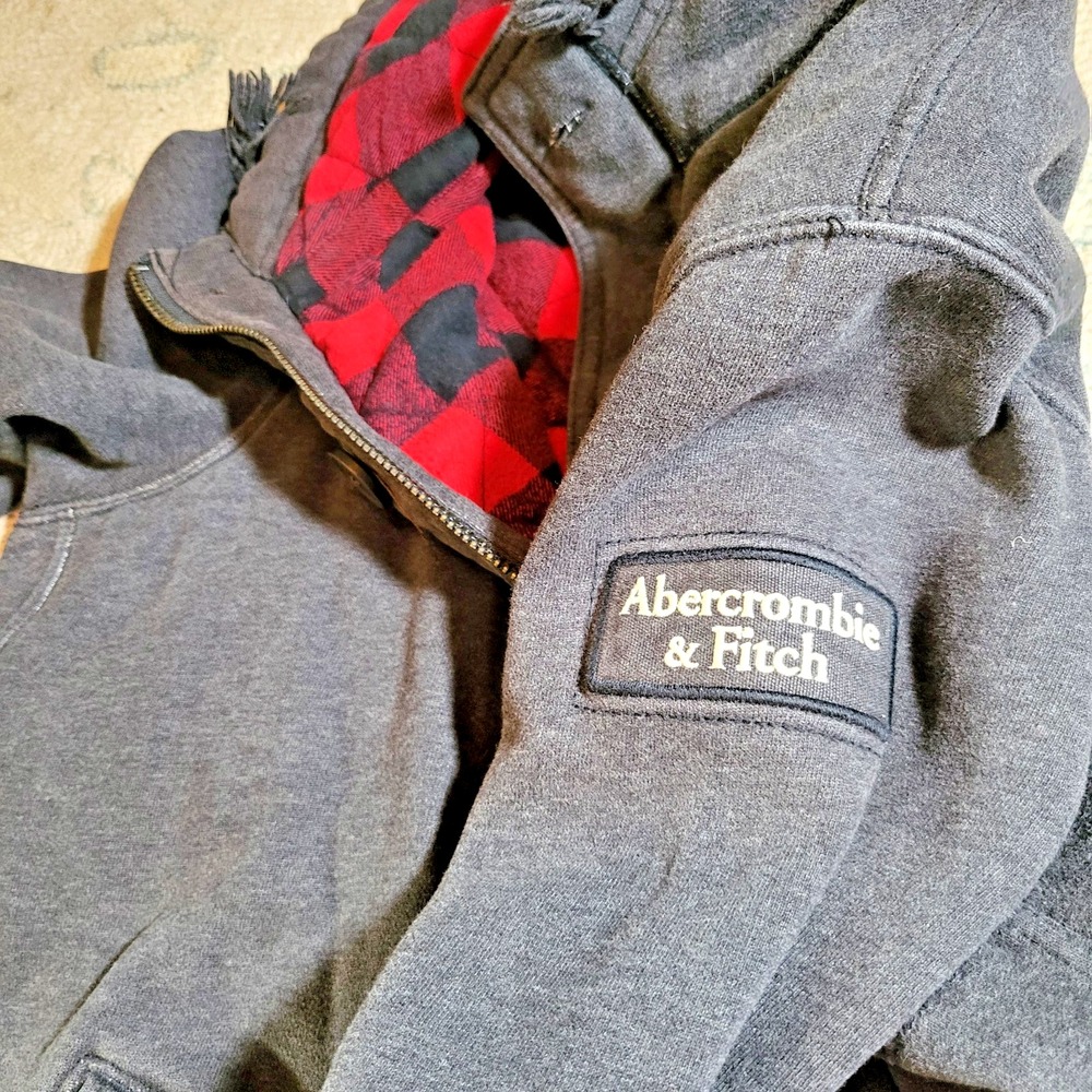 Abercrombie & Fitch Button Hoodie Mens M Gray Flannel-Lined Heavy Jacket Y2K - Picture 5 of 9
